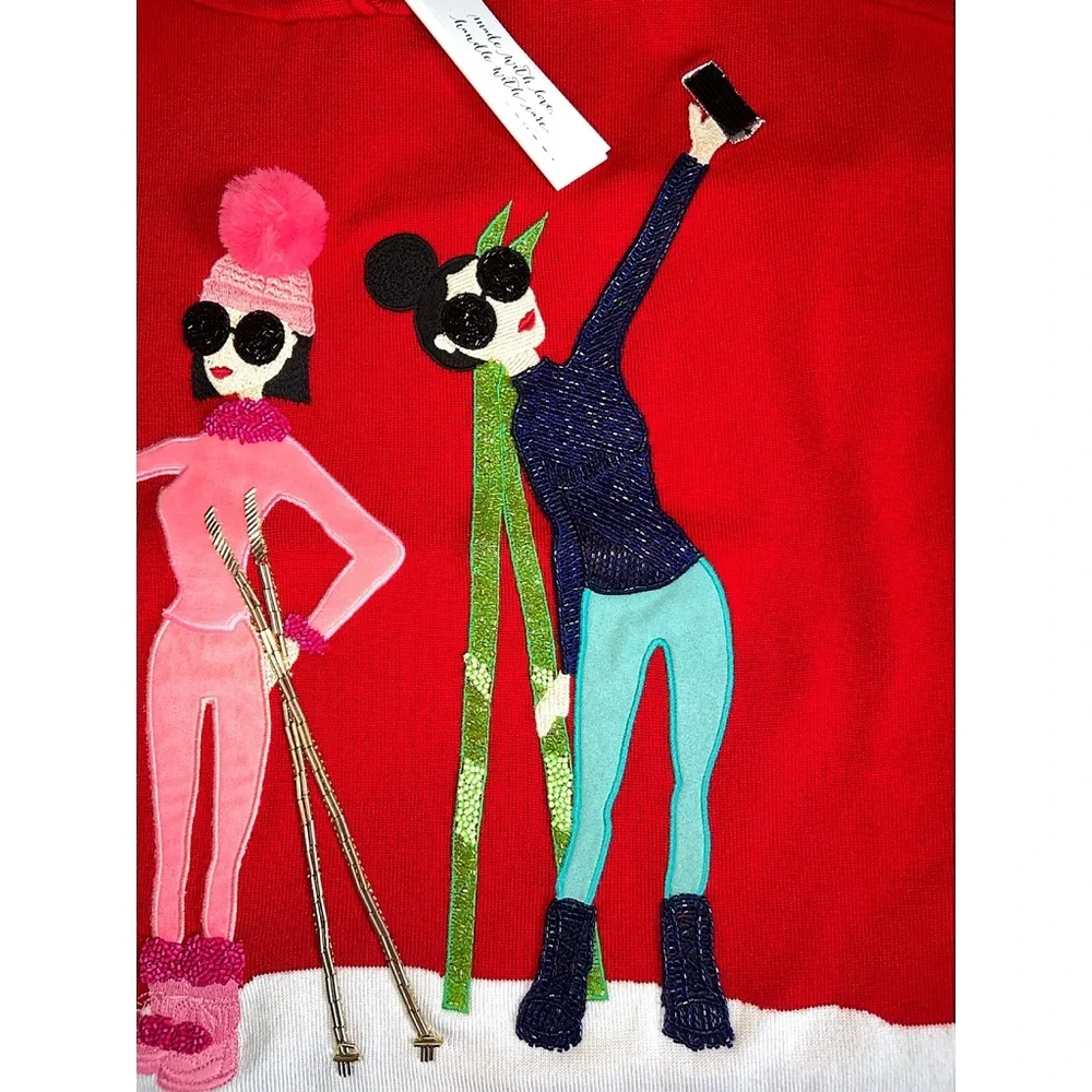 Alice + Olivia Oscar Red Embellished Stace Face Pullover Hoodie Sweater Top